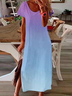 Loose Gradient Print Slit Short Sleeve Maxi Dress