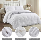 HIG 3 Piece Chic King Ruffle Duvet Cover Off - Handmade Rustic Ruffle - 100 Pre-Washed Microfiber Bedding Natural Wrinkle &amp; Breathable Zipper Closure &amp; Corner Ties (Hans), Hans-Off White