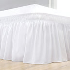 BiscaynWrap Around Bed Skirts for Queen Beds 15" Drop, White Adjustable Elastic Dust Ruffles Easy Fit Wrinkle &amp; Fade Resistant Silky Luxurious Fabric Machine Washable