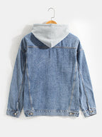 mens cotton button front outdoor stylish detachable hooded denim jacket with pocket
