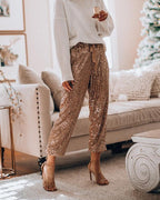 women sparkle sequins drawstring high waist fashion trousers(2 colors)