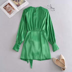 elegant long sleeve knot wrap evening mini dress