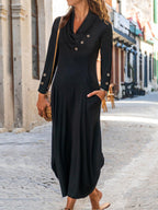 Black Color Button V-neck Maxi Dress