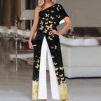 Fashion Butterfly Print One Shoulder Jumpsuit Women