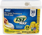 Camco TST MAX RV Toilet Treatment Drop-INs | Control Unwanted Odors and Break Down Waste and Tissue | Septic Tank Safe | Lemon Scent | 30-pack (41577)