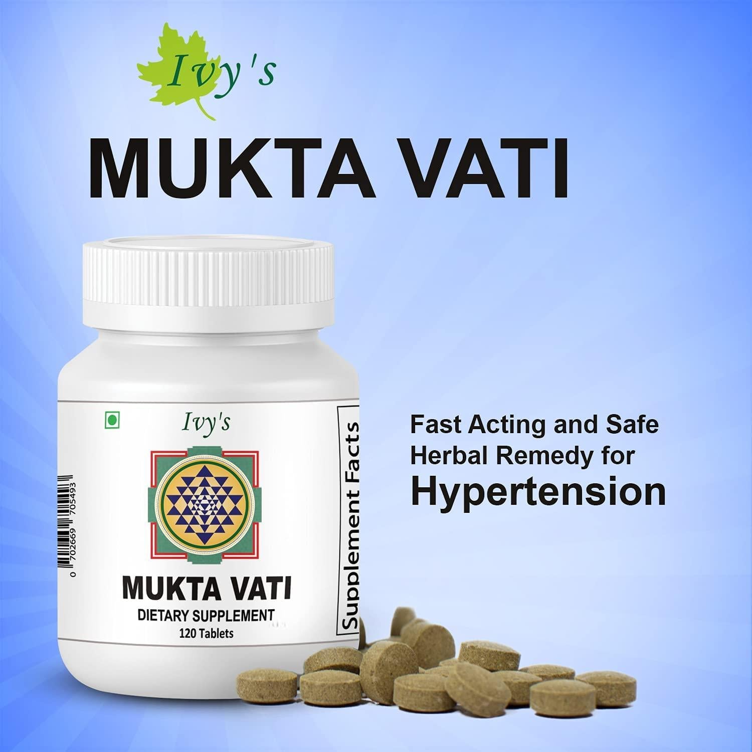 Ivy's Mukta Vati 120 Herbal Tablets a Bottle I Natural Blood Pressure Support Supplement I Natural Supplements for Heart Health, Anxiety & Hypertension I Natural Ingredients (6 Bottles)
