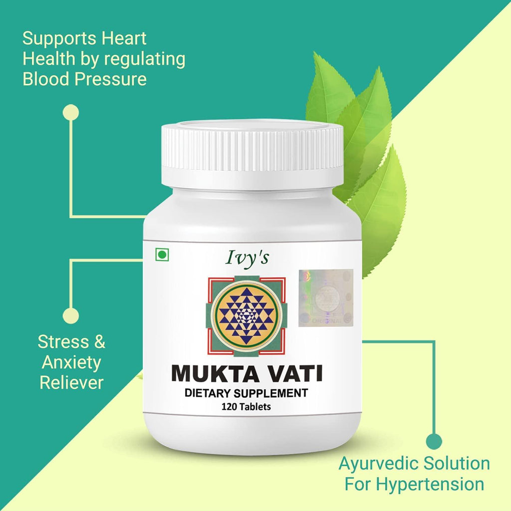 Ivy's Mukta Vati 120 Herbal Tablets a Bottle I Natural Blood Pressure Support Supplement I Natural Supplements for Heart Health, Anxiety & Hypertension I Natural Ingredients (6 Bottles)