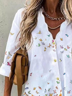 V-neck Butterfly Print Loose Casual Long-sleeved Blouse