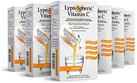 Lypo–Spheric Vitamin C - 6 Cartons (180 Packets) – 1,000 mg Vitamin C & 1,000 mg Essential Phospholipids Per Packet – Liposome Encapsulated for Improved Absorption – 100% Non–GMO