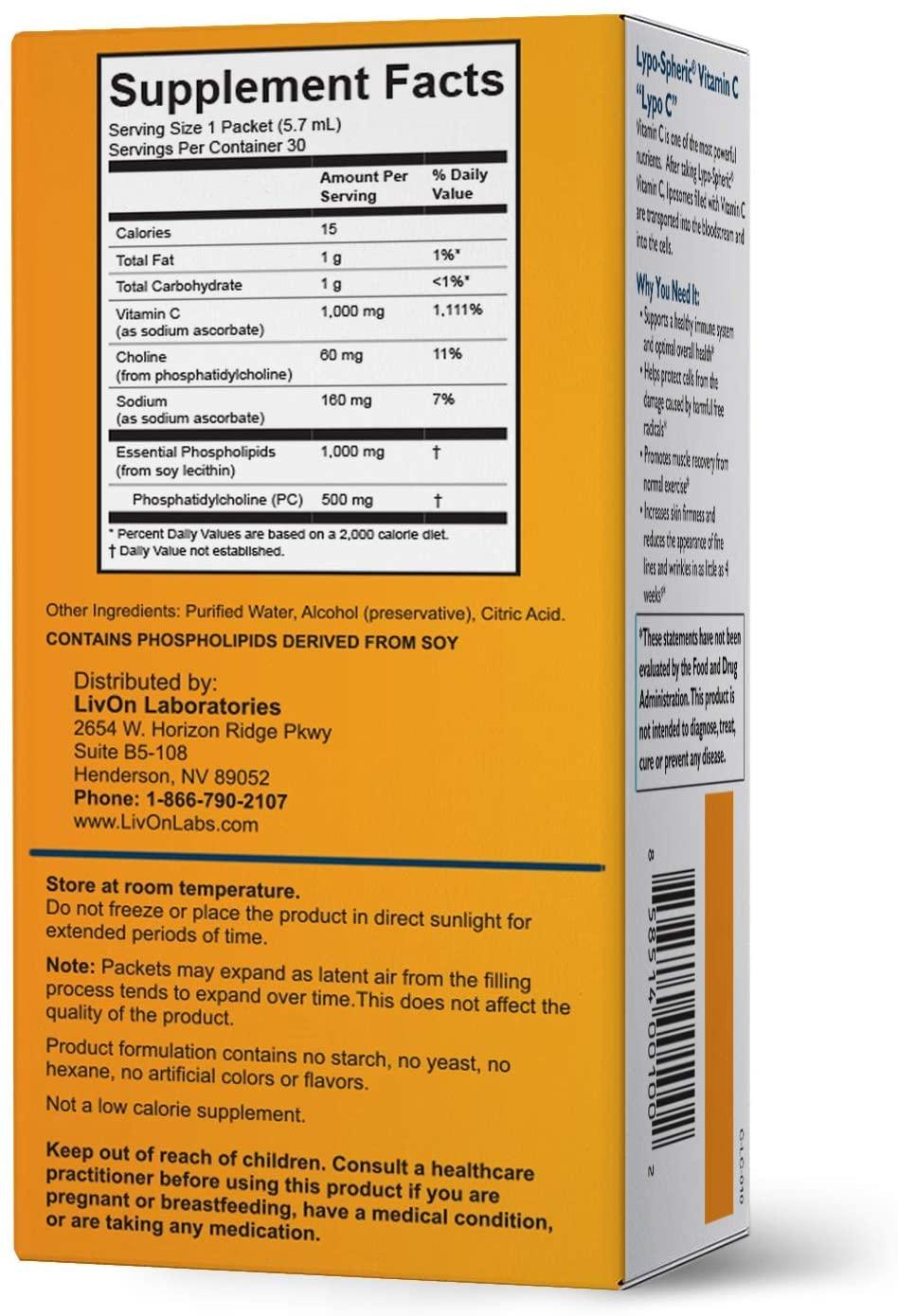 Lypo–Spheric Vitamin C - 6 Cartons (180 Packets) – 1,000 mg Vitamin C & 1,000 mg Essential Phospholipids Per Packet – Liposome Encapsulated for Improved Absorption – 100% Non–GMO
