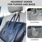 EldHus Seat Hooks for Purses and Bags, 2 Pack Car Purse Holder for Grocery Bag Handbag Clothes, Metal Headrest Hooks Covered by Leather, Grey