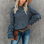 Women's Round Neck Flare Sleeve Multi-layer Ruffle Sweater