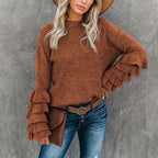 Women's Round Neck Flare Sleeve Multi-layer Ruffle Sweater