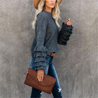 Women's Round Neck Flare Sleeve Multi-layer Ruffle Sweater