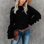 Women's Round Neck Flare Sleeve Multi-layer Ruffle Sweater