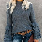 Women's Round Neck Flare Sleeve Multi-layer Ruffle Sweater