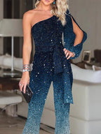 Fashion Blue One Shoulder Holiday Casual Jumpsuit Women