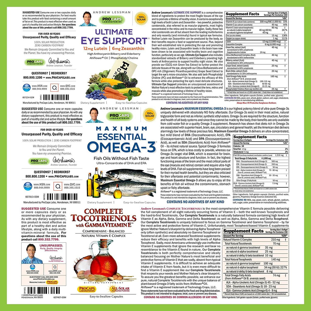 Andrew Lessman 3 Product Eye Health Bundle – 180 Softgels Each of Ultimate Eye Support, Maximum Essential Omega-3 and Complete Tocotrienols. Promotes and Supports Eye Health.