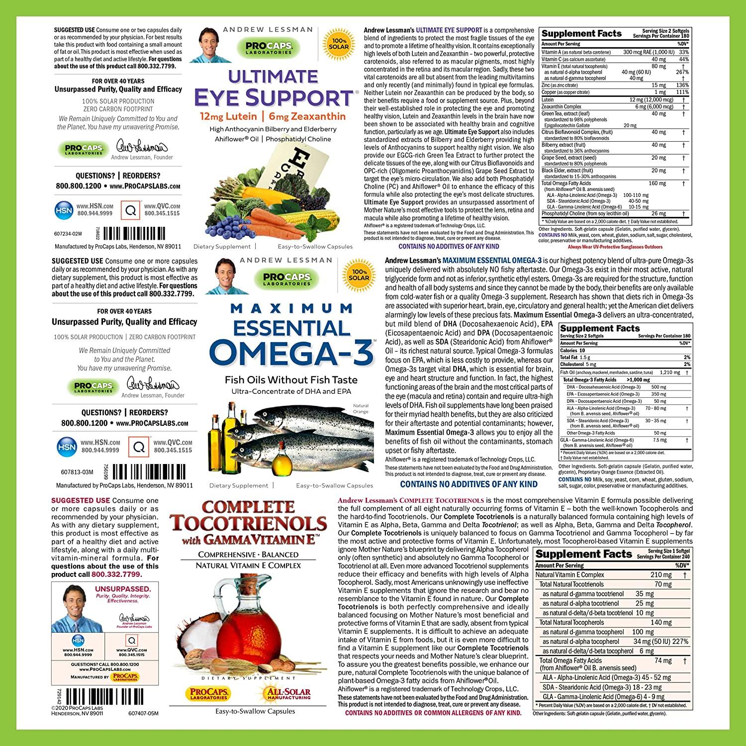 Andrew Lessman 3 Product Eye Health Bundle – 180 Softgels Each of Ultimate Eye Support, Maximum Essential Omega-3 and Complete Tocotrienols. Promotes and Supports Eye Health.