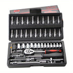 46pcs Car Repair Tool Kit: Ratchet Torque Wrench, Spanner, Screwdriver, Socket Set Combo - Perfect For Bicycle &amp; Auto Repairing!