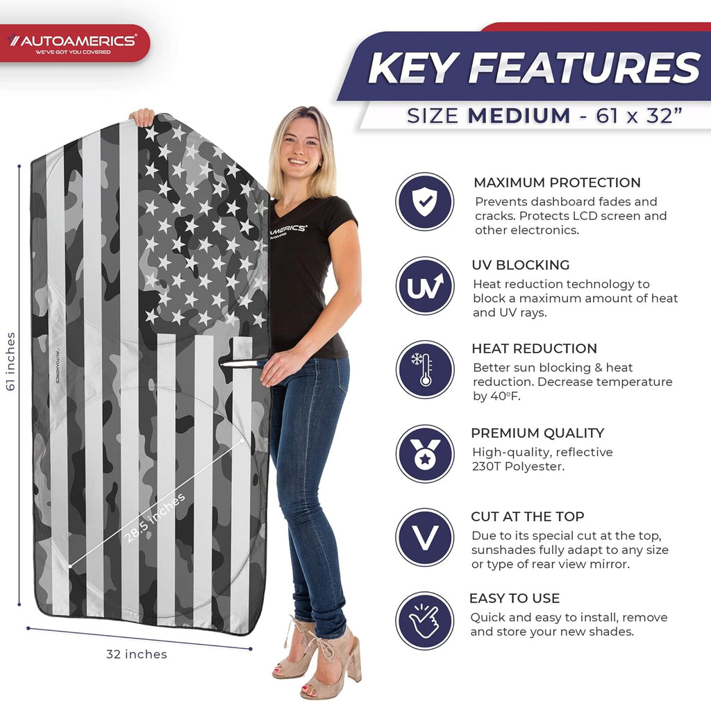 Autoamerics 1-Piece Windshield Sun Shade Gray Camo American Flag USA  - Foldable Car Front Window Sunshade for Most Sedans SUV Truck - Blocks Max UV Rays and Keeps Your Vehicle Cool - Medium