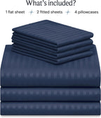 LuxClub Striped Sheets Set, 7 PC Striped Bed Sheets Split King Size, Deep Pockets 18" Eco Friendly Wrinkle Free Cooling Sheets Machine Washable Hotel Bedding Silky Soft (Split King, Striped Navy)