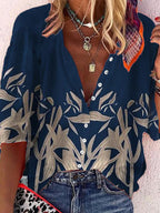 Casual Leaf Print Button-up Blouses Women