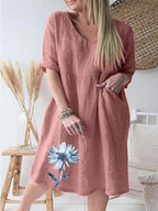 Ladies V-neck Watercolor Print Mid-sleeve Shift Dress
