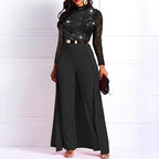 Fashion Stitching Sequined Long-sleeved Jumpsuit