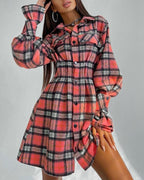 Plaid Print Long Sleeve Flap Detail Button Up Shirt Dress