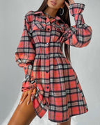 Plaid Print Long Sleeve Flap Detail Button Up Shirt Dress
