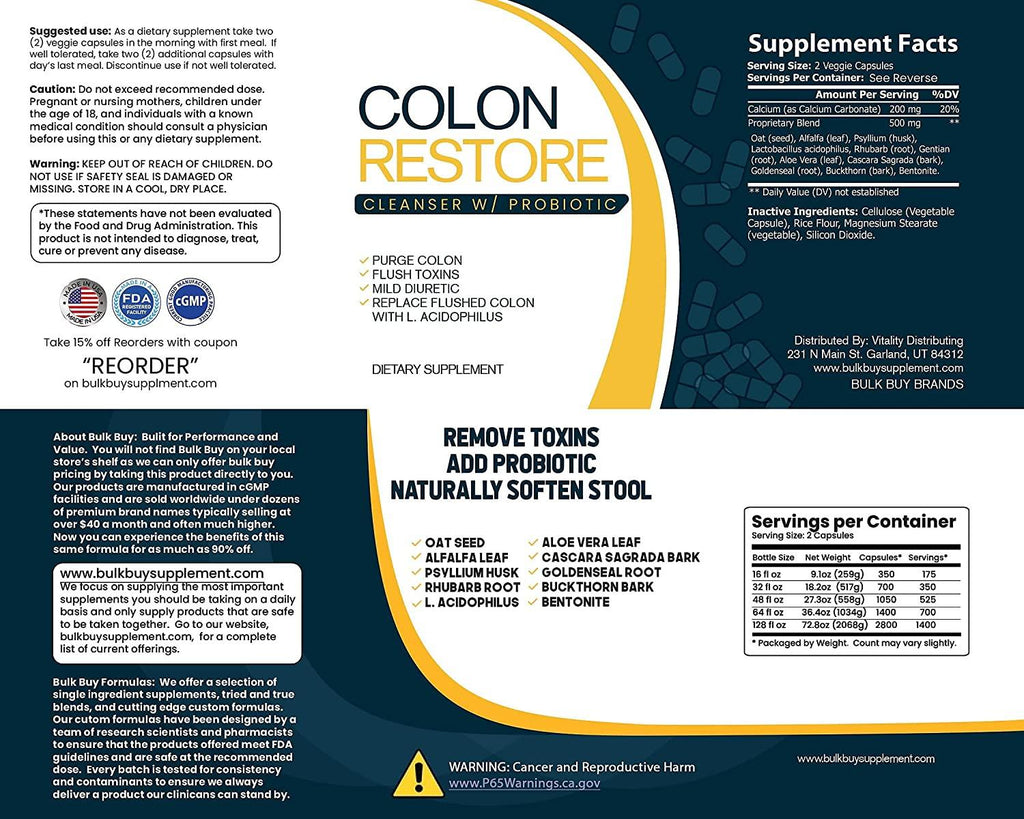 Bulk Buy Colon Restore - 2800 Count Blend of Colon Cleanse & Probiotic in a Clear Square Grip Jar
