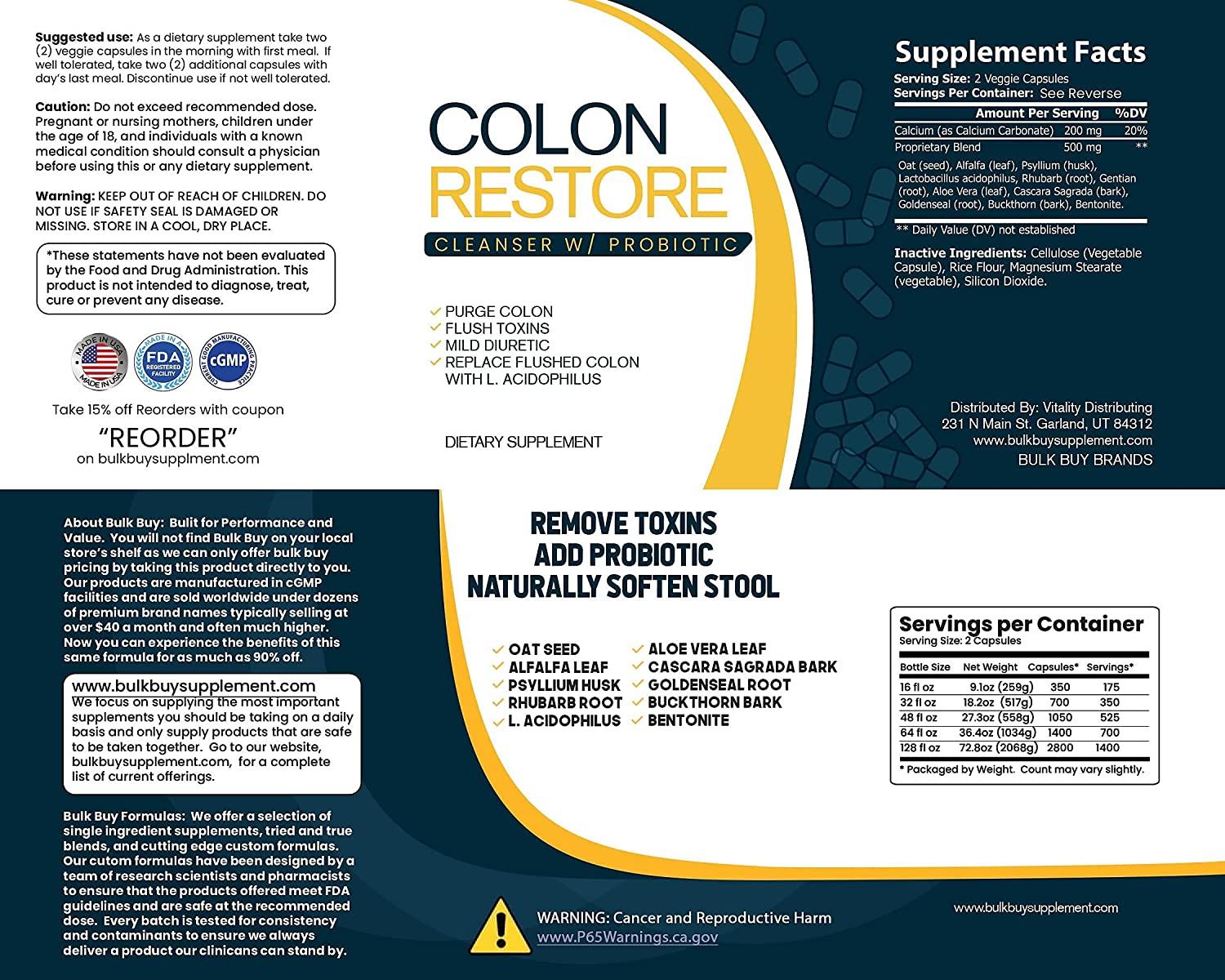 Bulk Buy Colon Restore - 2800 Count Blend of Colon Cleanse & Probiotic in a Clear Square Grip Jar