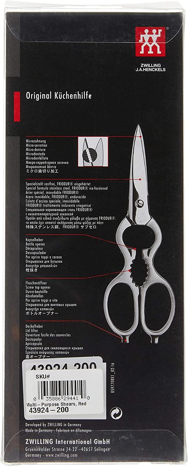Zwilling Kitchen Shears, Multi-Purpose, Bottle Opener, Jar Lid Lifter, Dishwasher Safe, Heavy Duty, Forged Stainless Steel Blades, Red