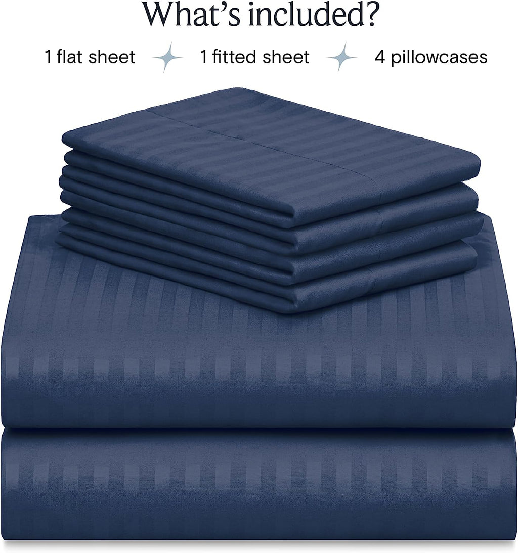LuxClub Striped Sheets Set, 6 PC Striped Bed Sheets California King Size, Deep Pockets 18" Eco Friendly Wrinkle Free Cooling Sheets Machine Washable Hotel Bedding Silky Soft (Cal King, Striped Navy)