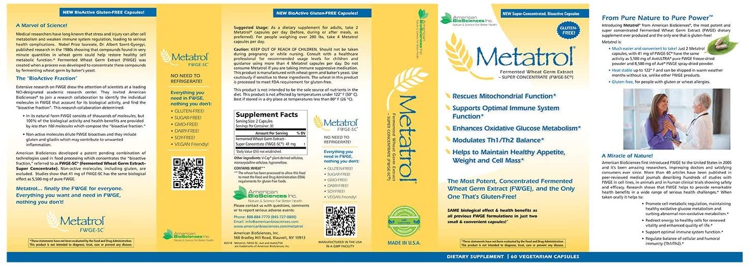 American BioSciences Metatrol, Mitochondrial Rescue and Daily Immune System Support Fermented Wheat Germ Extract - Super Concentrate, 60 Vegetarian Capsules, 41mg of FWGE-SC per Serving (1)