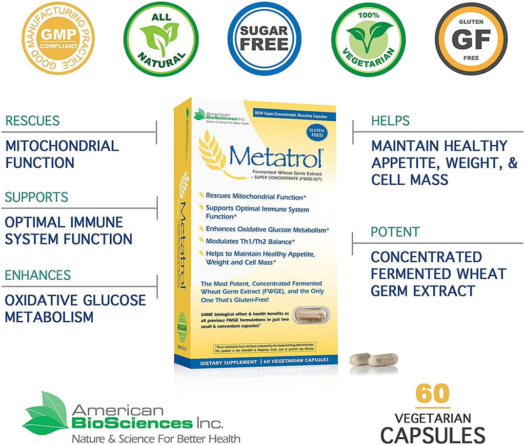 American BioSciences Metatrol, Mitochondrial Rescue and Daily Immune System Support Fermented Wheat Germ Extract - Super Concentrate, 60 Vegetarian Capsules, 41mg of FWGE-SC per Serving (1)