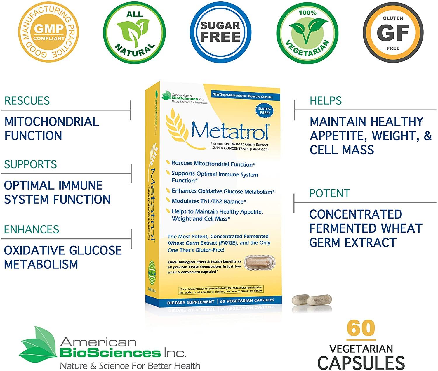 American BioSciences Metatrol, Mitochondrial Rescue and Daily Immune System Support Fermented Wheat Germ Extract - Super Concentrate, 60 Vegetarian Capsules, 41mg of FWGE-SC per Serving (1)