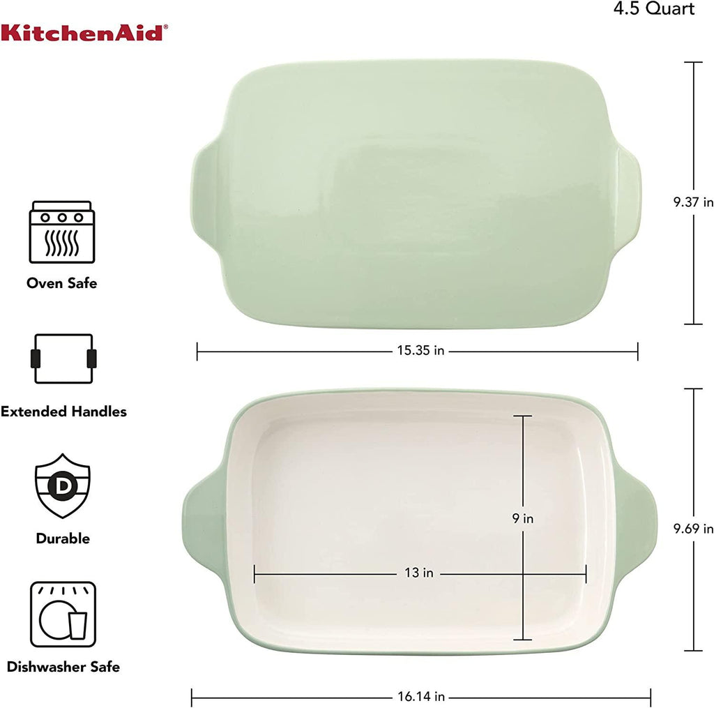KitchenAid Vitrified Stoneware Rectangular Baker with Lid/Trivet, 4.5-Quart, Pistachio