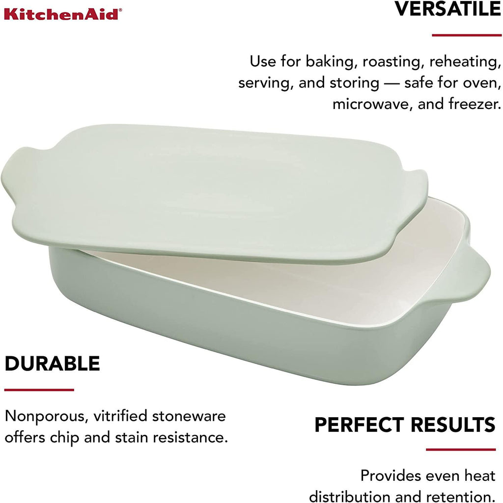 KitchenAid Vitrified Stoneware Rectangular Baker with Lid/Trivet, 4.5-Quart, Pistachio