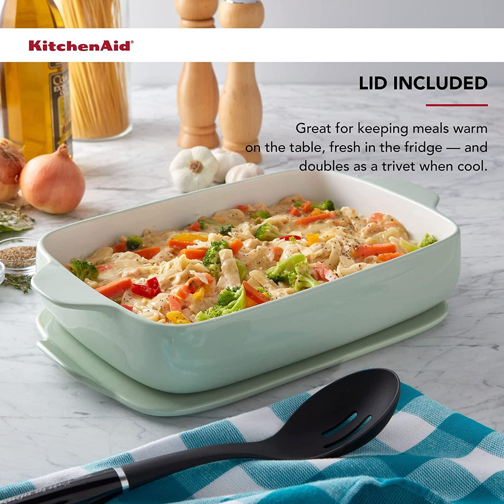 KitchenAid Vitrified Stoneware Rectangular Baker with Lid/Trivet, 4.5-Quart, Pistachio