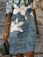 Fashion Flower Print V-neck Long Sleeve Shift Dress