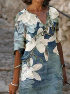 Fashion Flower Print V-neck Long Sleeve Shift Dress