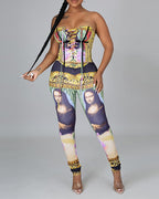 Scarf / Graphic Print Eyelet Lace-up Bandeau Top &amp; Pants Set