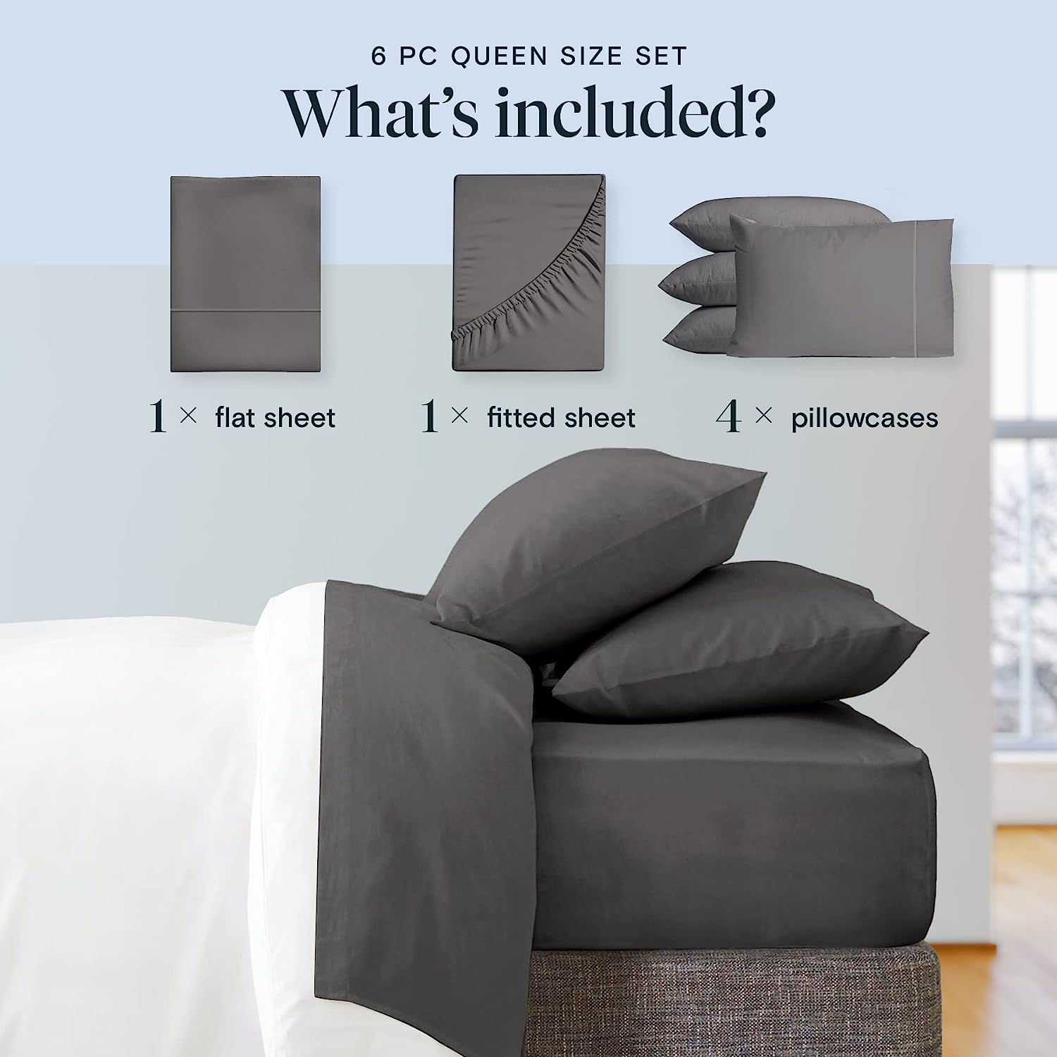 LuxClub 6 PC California King Size Sheet Set Bamboo Sheets Deep Pockets 18" Eco Friendly Wrinkle Free Cooling Sheets Machine Washable Hotel Bedding Silky Soft - Grey California King