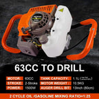 DC HOUSE 63CC Heavy Duty Gas Powered Post Hole Digger with 12 Inch Earth Auger Drill Bit(Digger + 12 inch Auger Bit)  in 2 packages