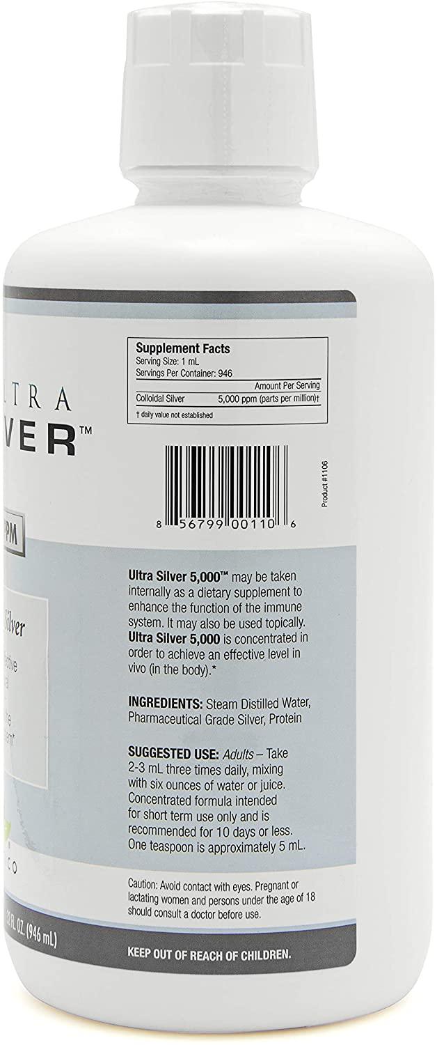Ultra Silver® Colloidal Silver | 5,000 PPM, 32 Oz (946mL) | Mineral Supplement | True Colloidal Silver - 4 oz Dropper Bottle (Empty) Included for Dispensing!