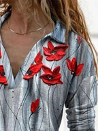Lapel Long Sleeve Floral Print Casual T-shirt