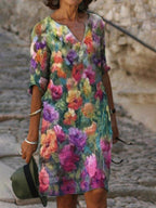 Fashion Floral Print V-neck Short Sleeve Shift Dress