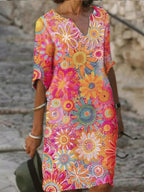 Fashion Floral Print V-neck Short Sleeve Shift Dress